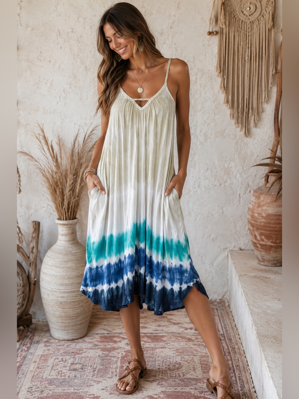 Earthbound Trading Co Boho Watercolor Tie Dye Strappy Dress with Pockets Size S